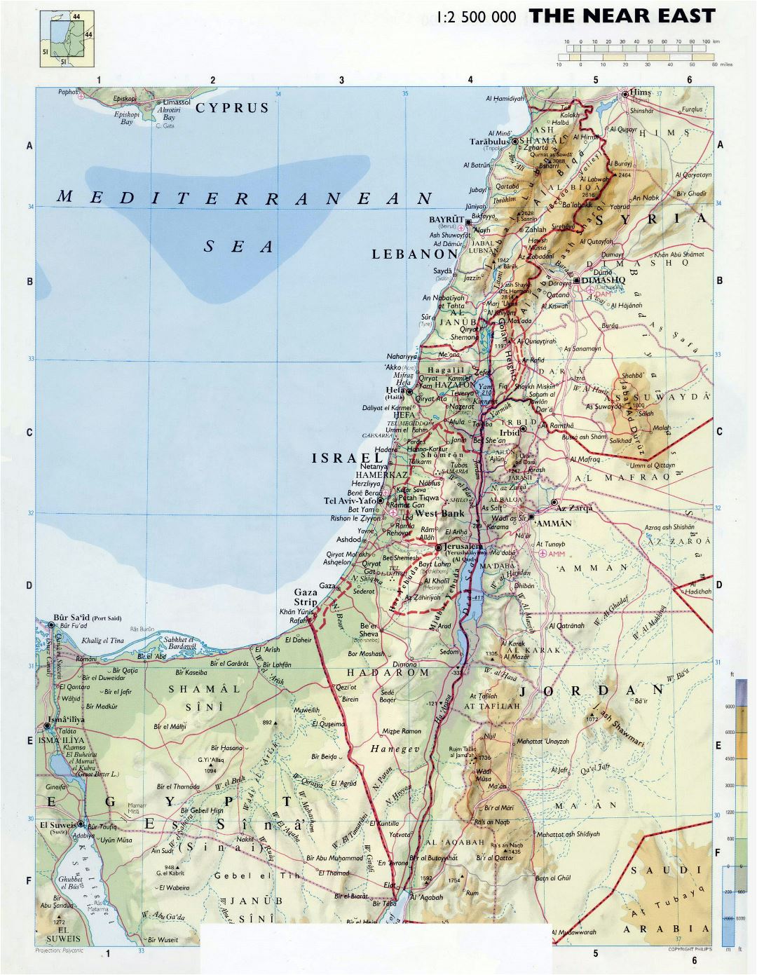 Large detailed physical map of Israel