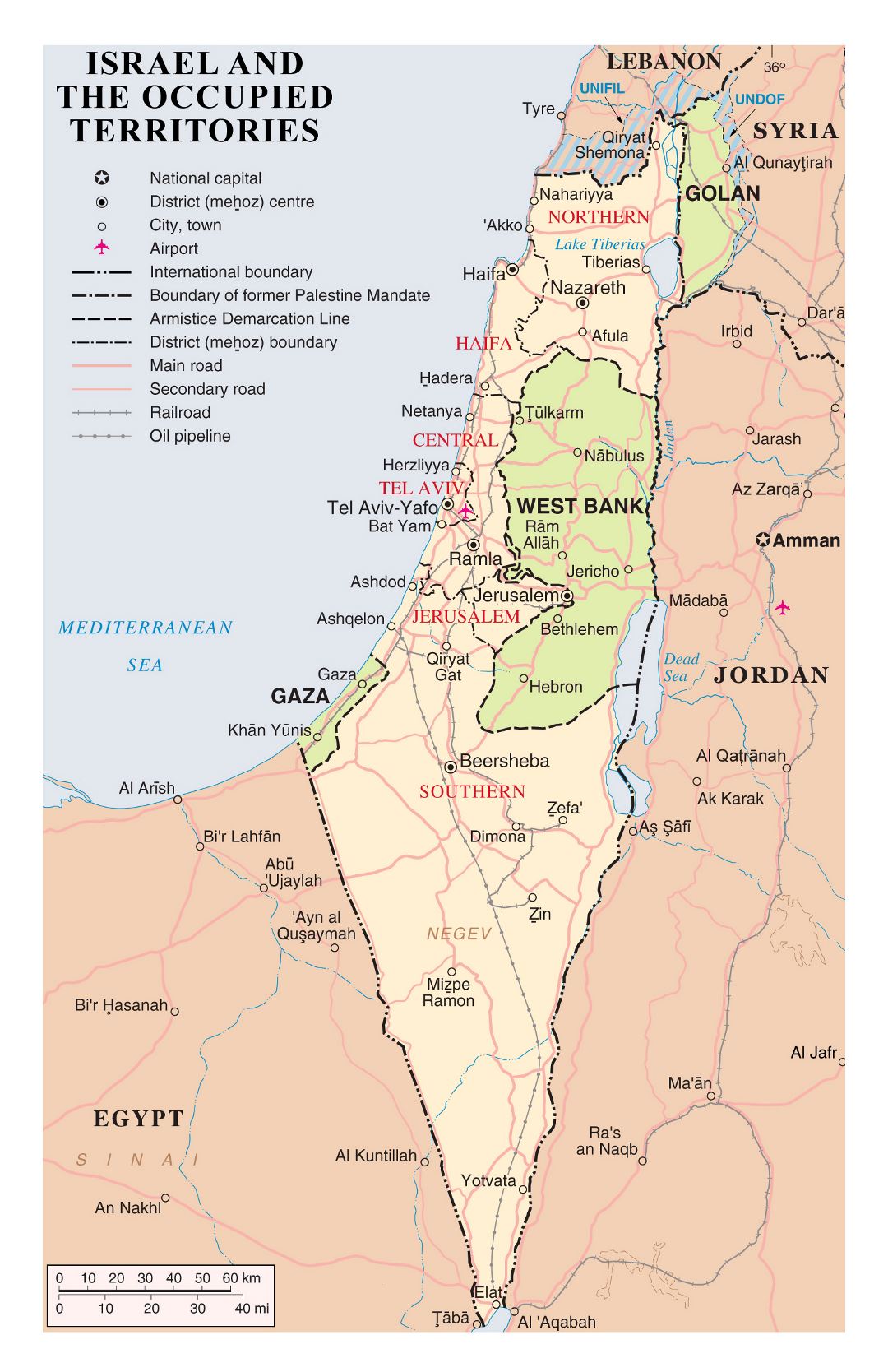 Large detailed political and administrative map of Israel and the occupied territories with roads, cities, airports and other marks