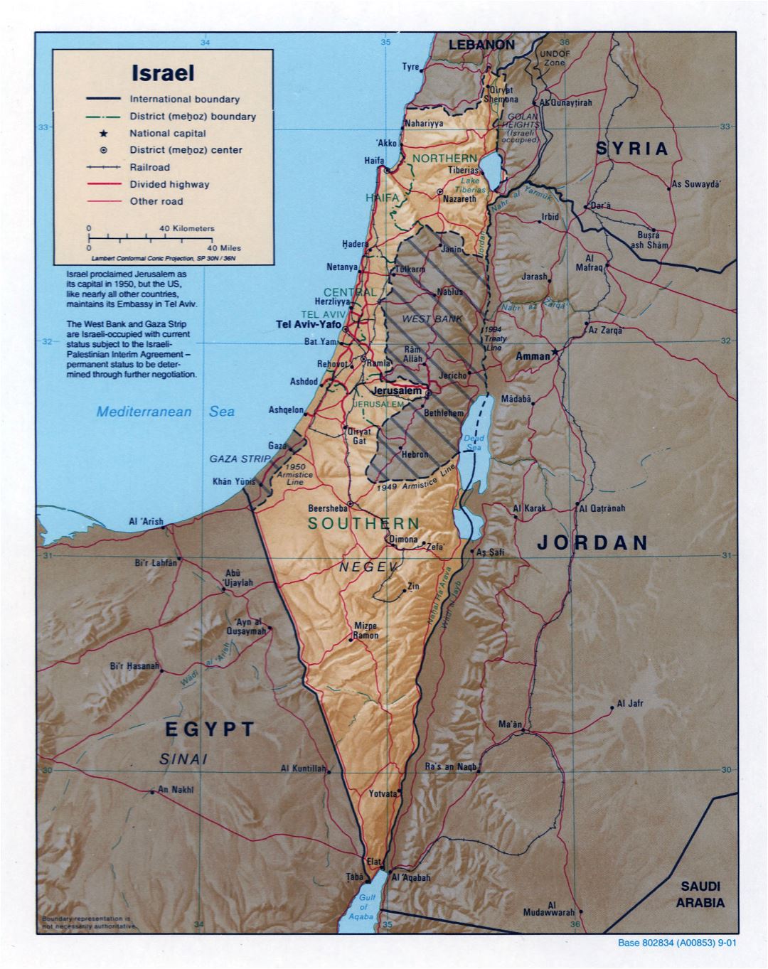 Large detailed political and administrative map of Israel with relief, roads, railroads and major cities - 2001