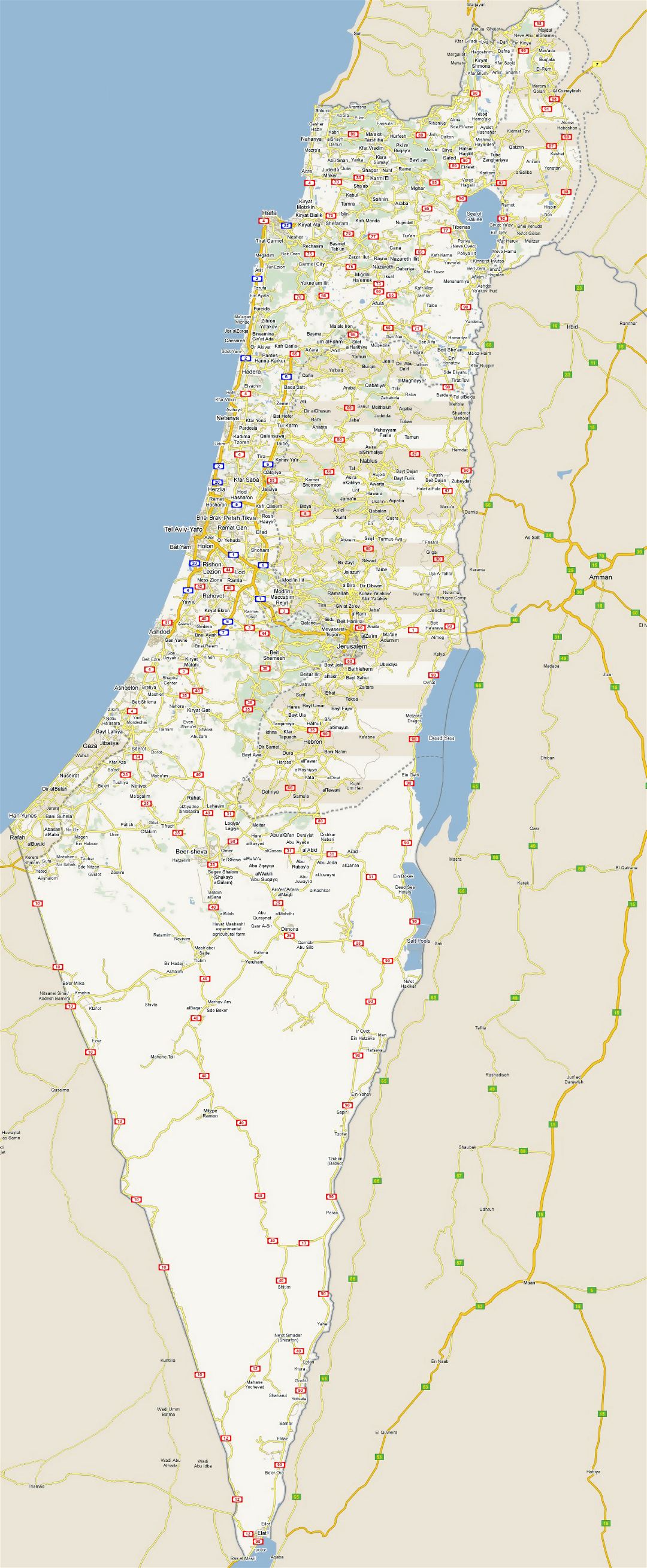 Large detailed road map of Israel with all cities