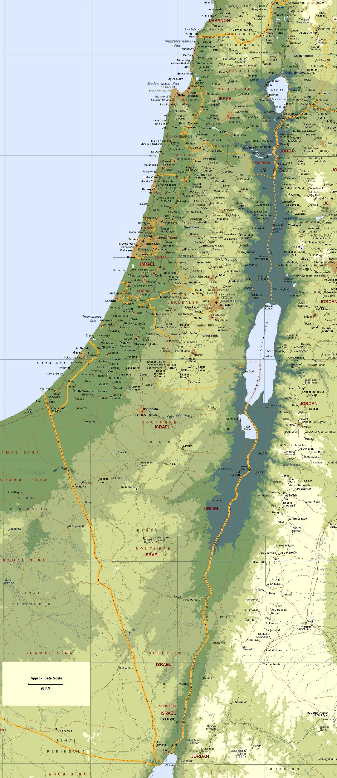 Large elevation map of Israel with roads and cities