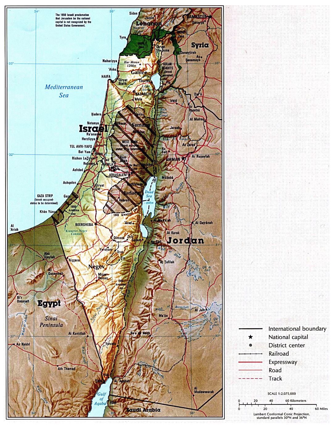 Large political map of Israel with relief, roads, railroads and major cities