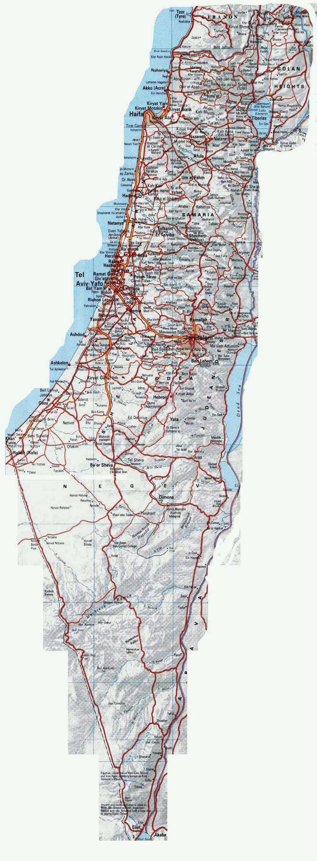 Large road map of Israel with relief and cities