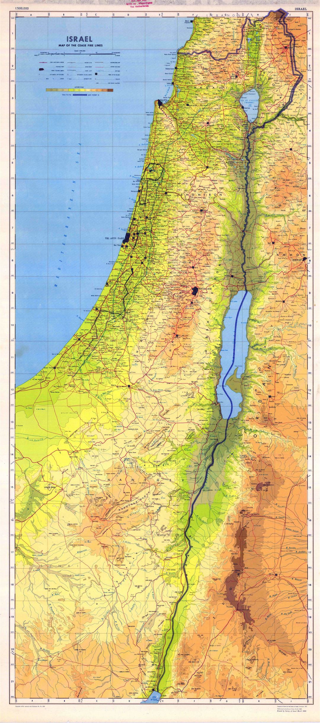 Large scale detailed physical map of Israel with all roads, cities and other marks