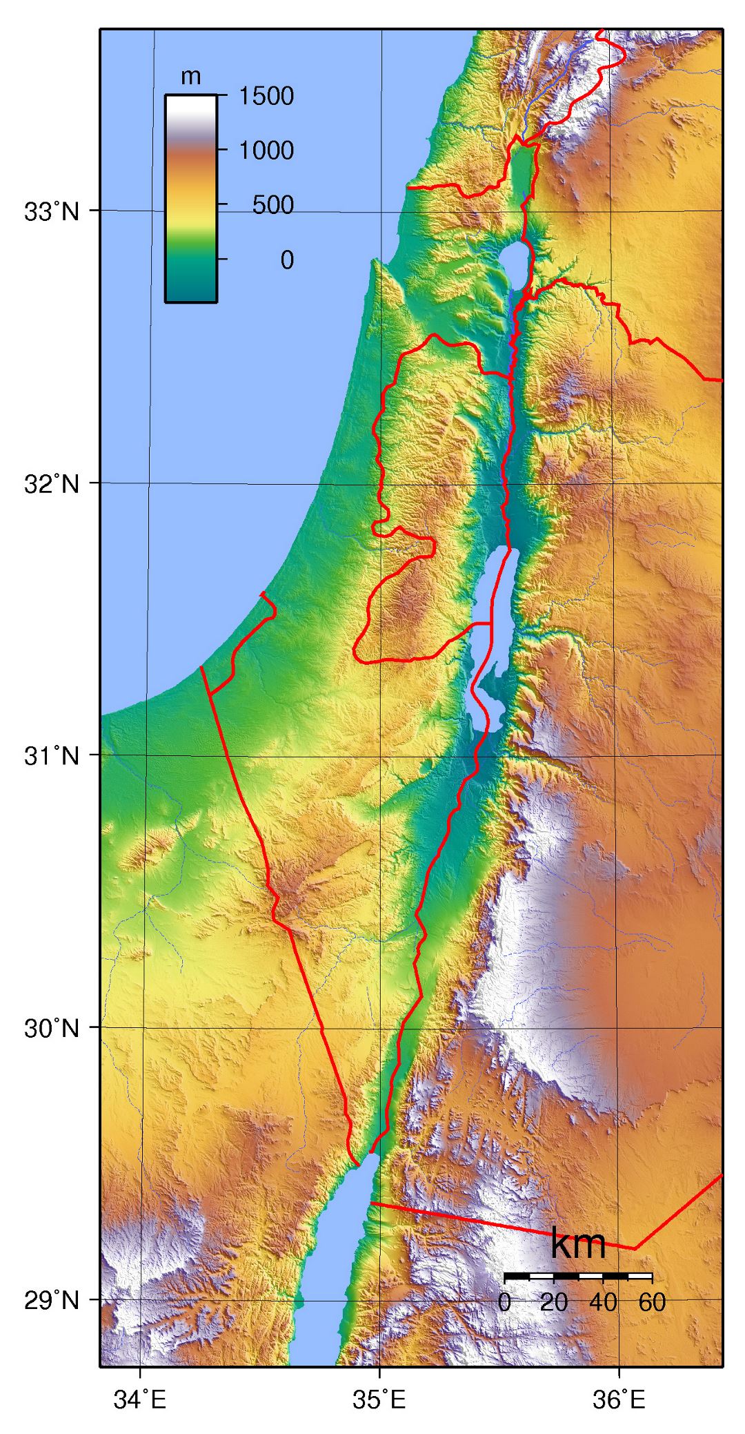 Large topographical map of Israel