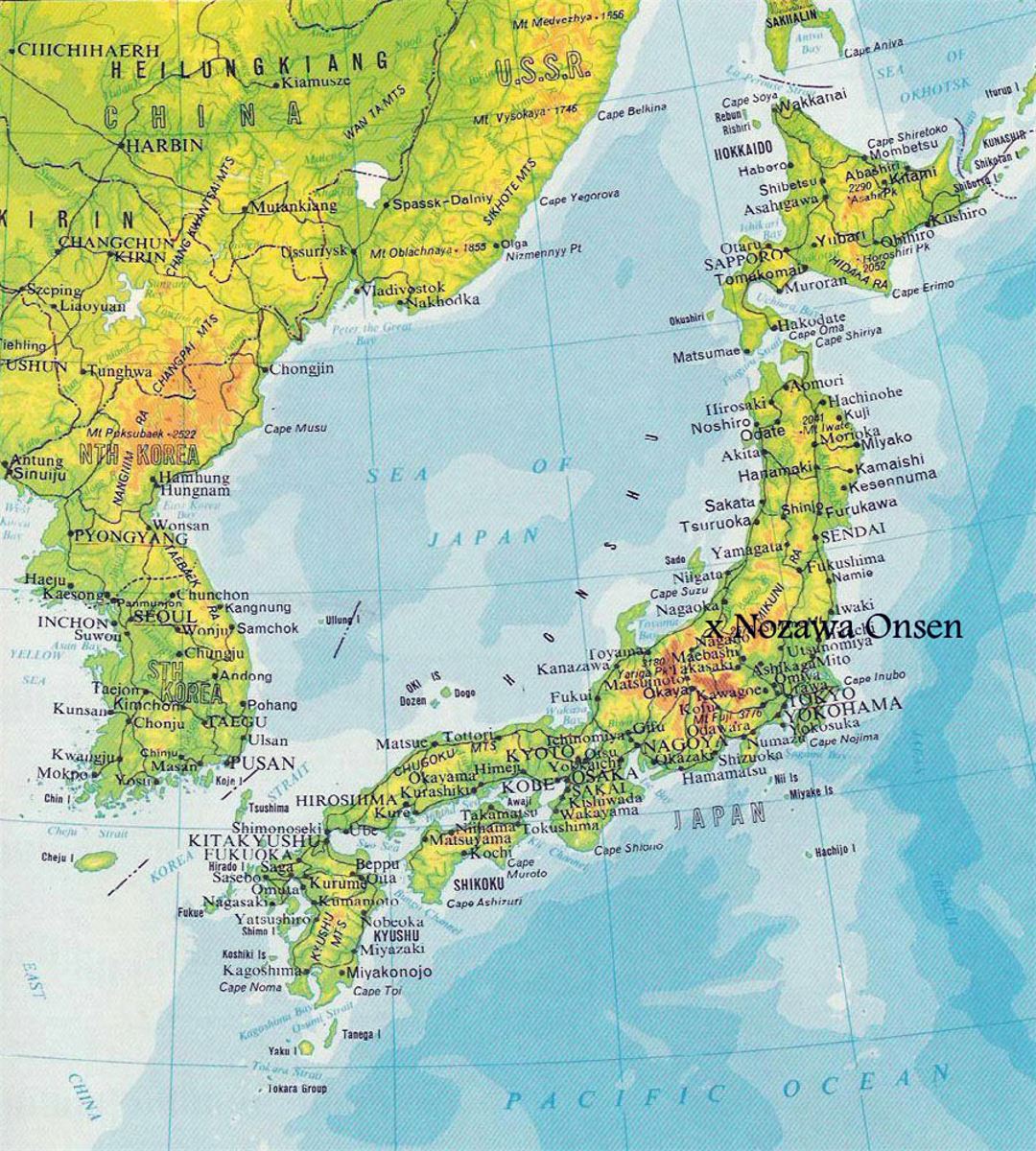 Elevation map of Japan with roads and cities