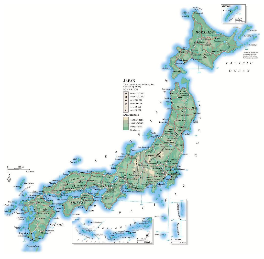 Large detailed elevation map of Japan with roads, cities and airports
