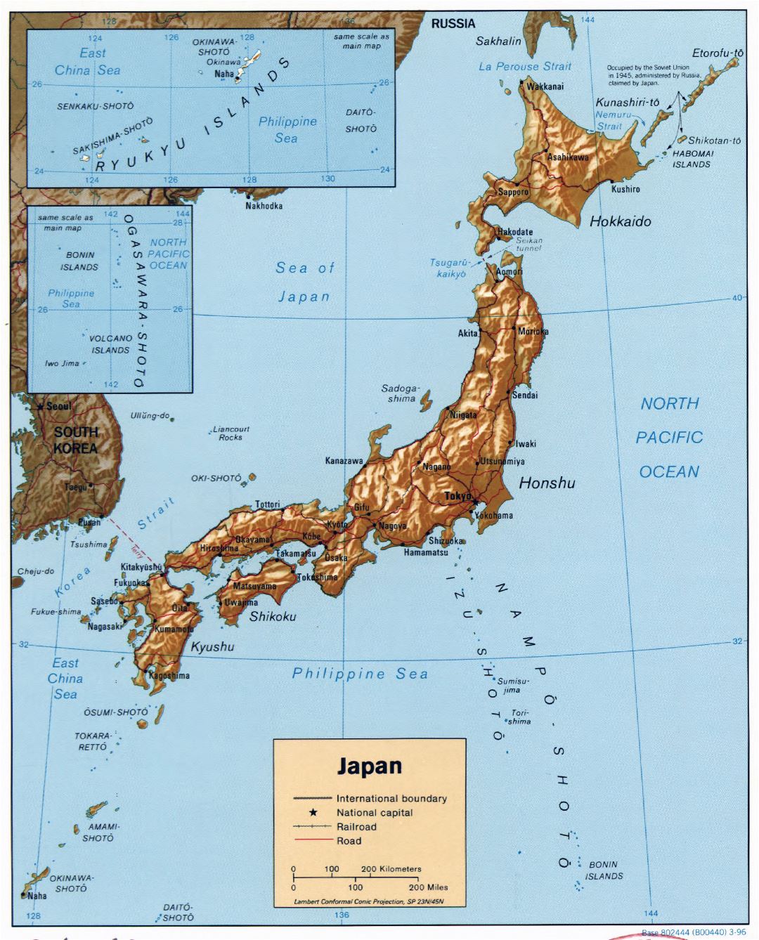 Large detailed political map of Japan with relief, roads, railroads and major cities - 1996