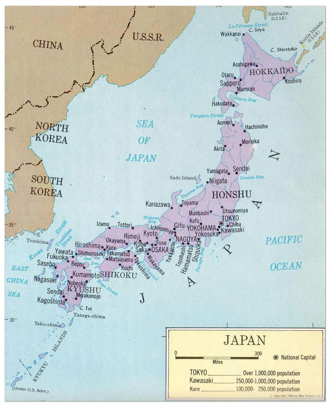 Large political map of Japan with major cities - 1965