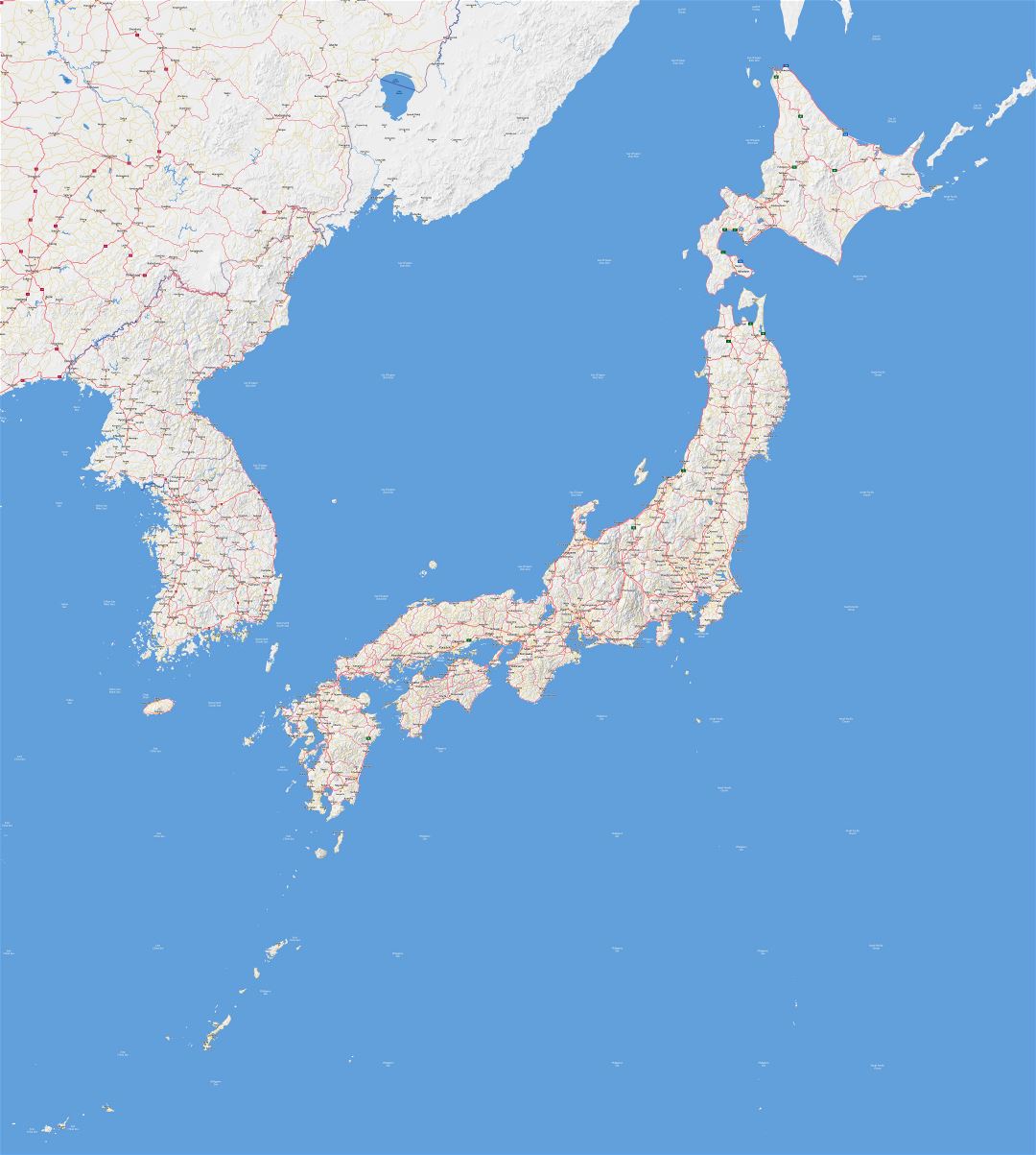 Large scale road map of Japan with relief and all cities