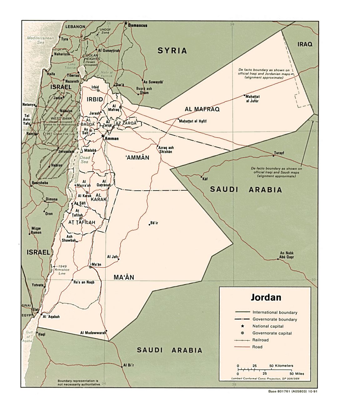 Detailed political and administrative map of Jordan with roads, railroads and major cities - 1991