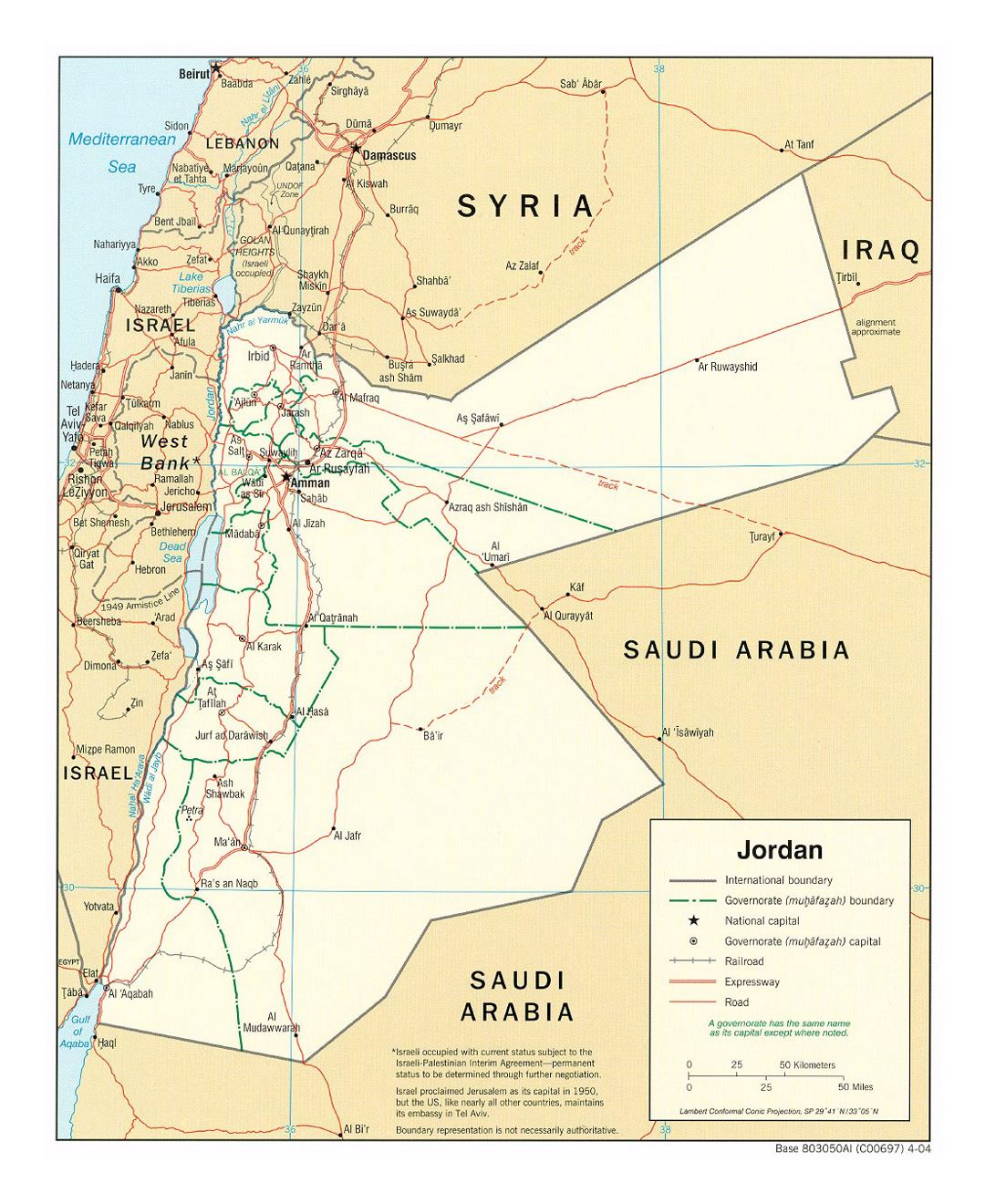 Detailed political and administrative map of Jordan with roads, railroads and major cities - 2004