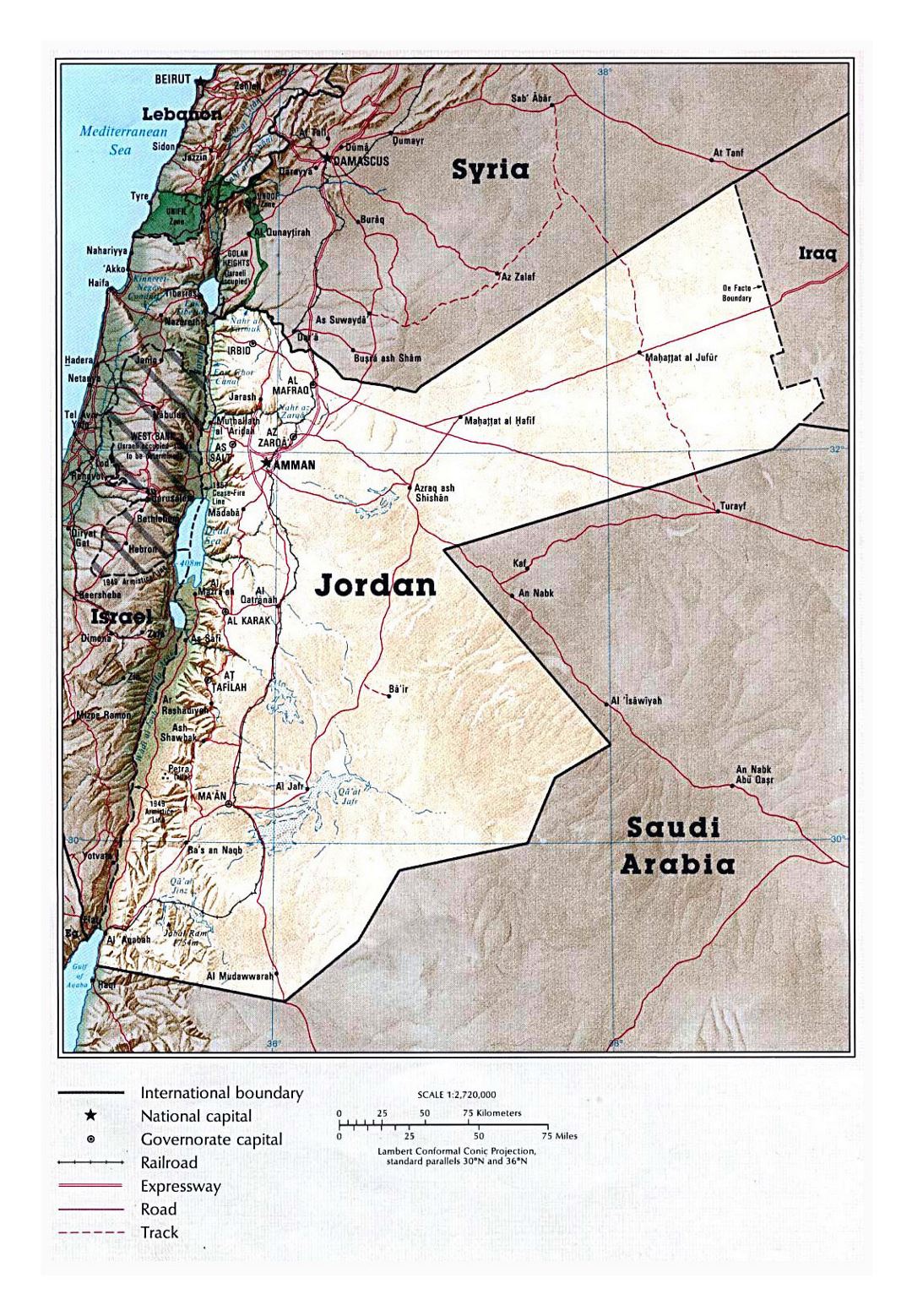 Detailed political map of Jordan with relief, roads, railroads and major cities