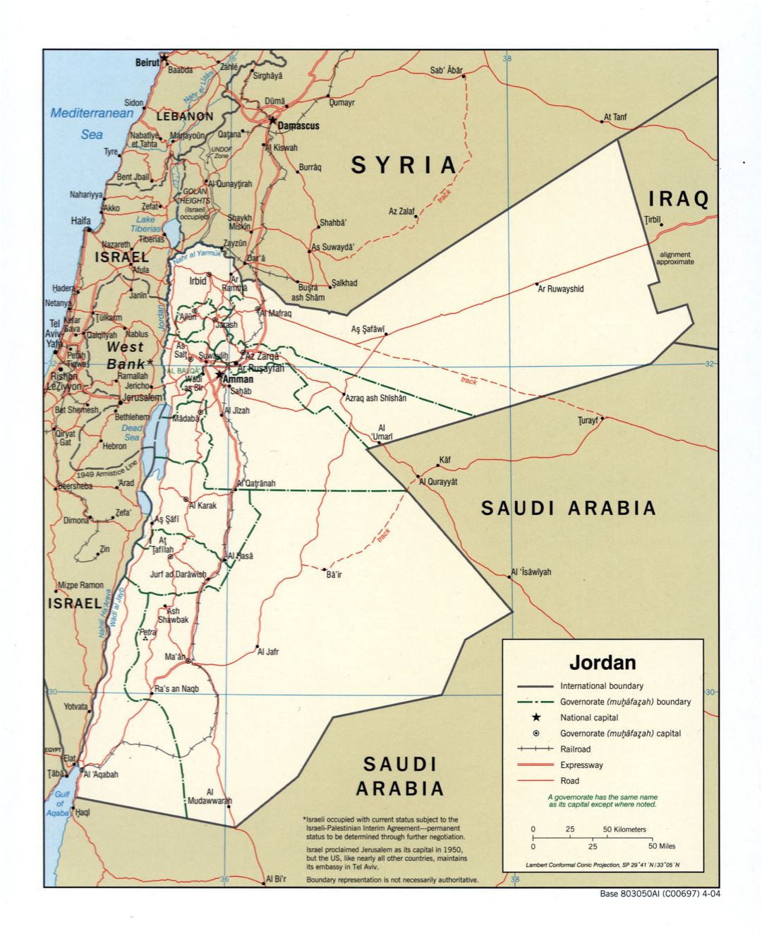 Large detailed political and administrative map of Jordan with roads, railroads and major cities - 2004
