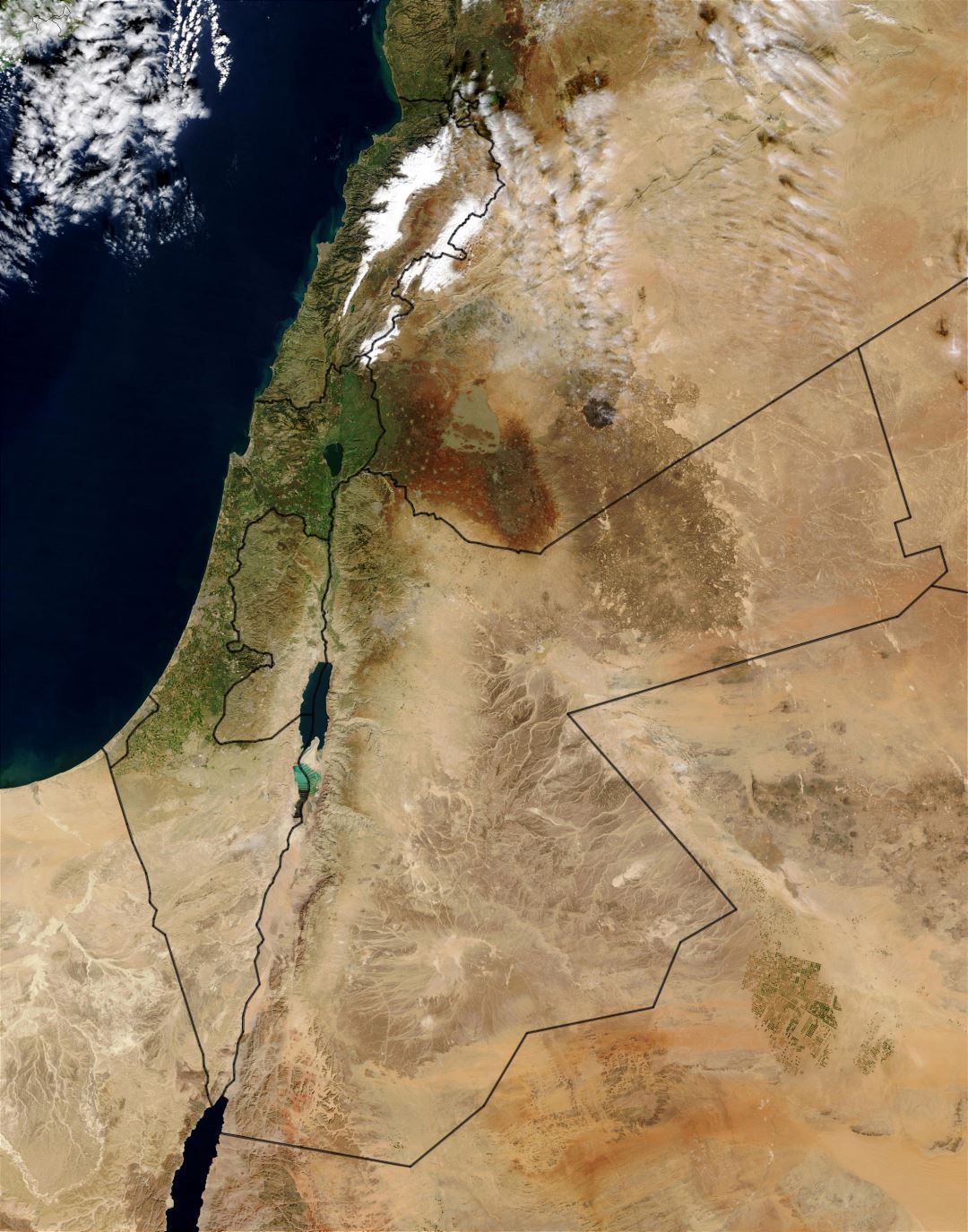 Large detailed satellite map of Jordan