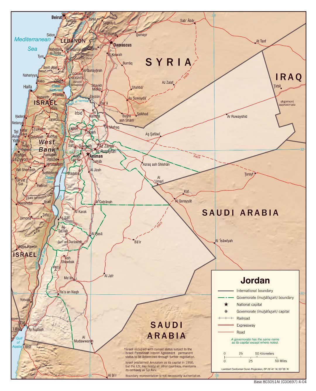 Large political and administrative map of Jordan with relief, roads, railroads and major cities - 2004