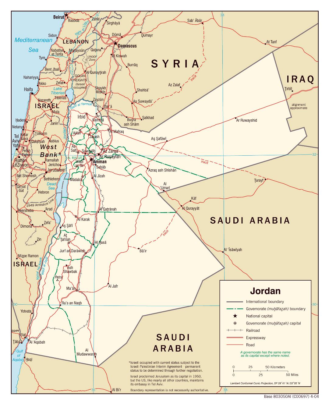 Large political and administrative map of Jordan with roads, railroads and major cities - 2004