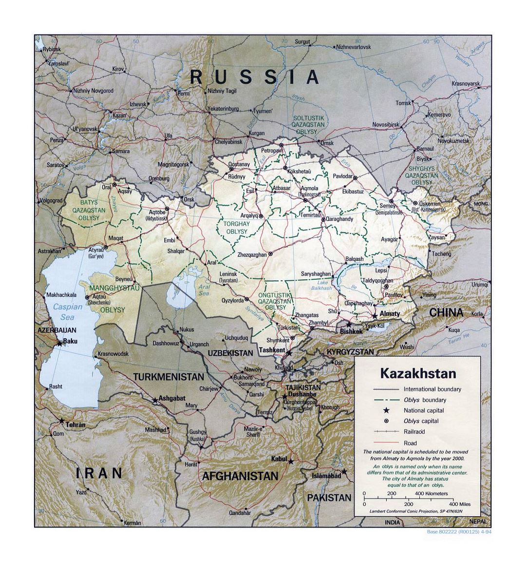 Detailed political and administrative map of Kazakhstan with relief, roads, railroads and major cities - 1994