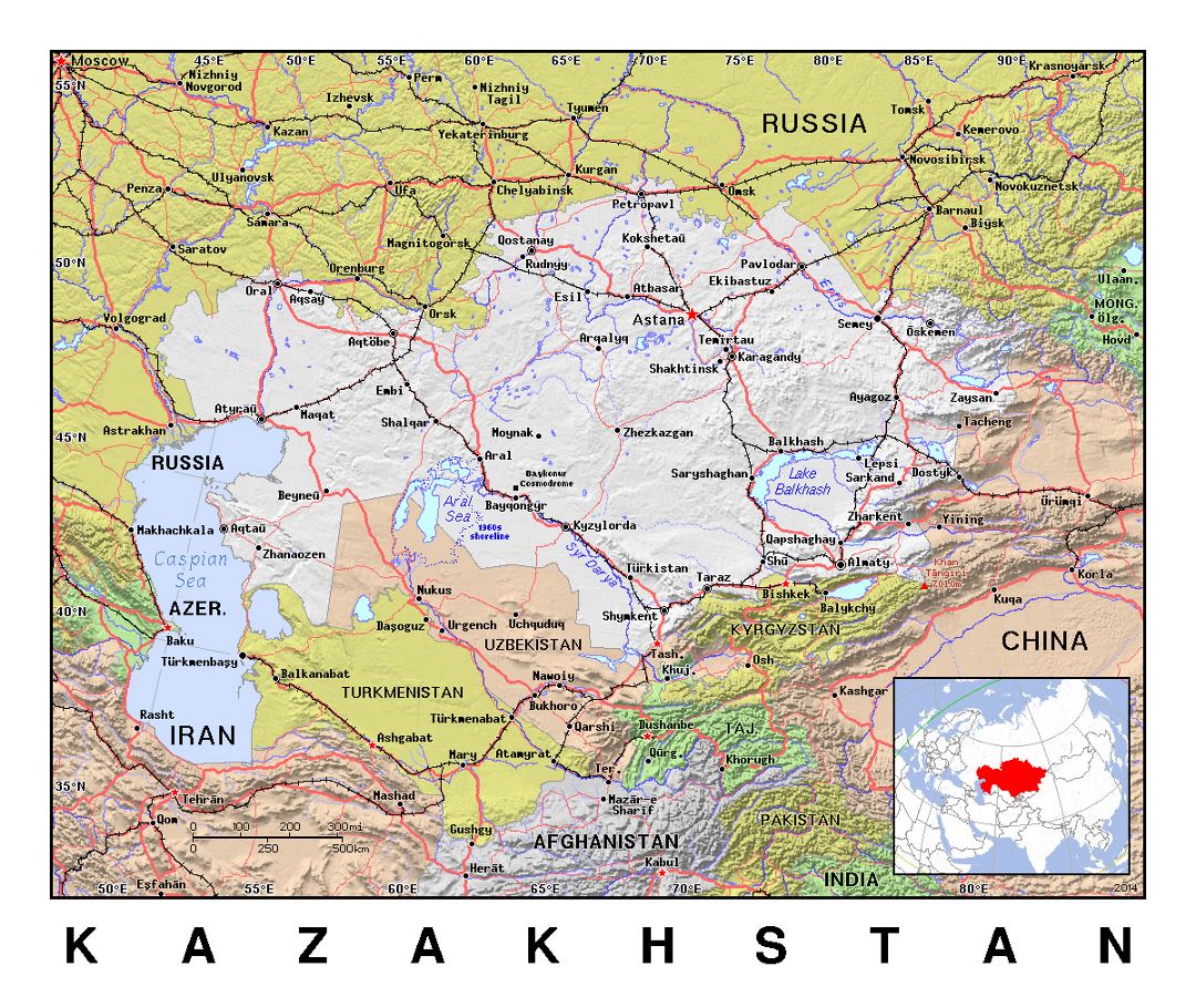 Detailed political map of Kazakhstan with relief