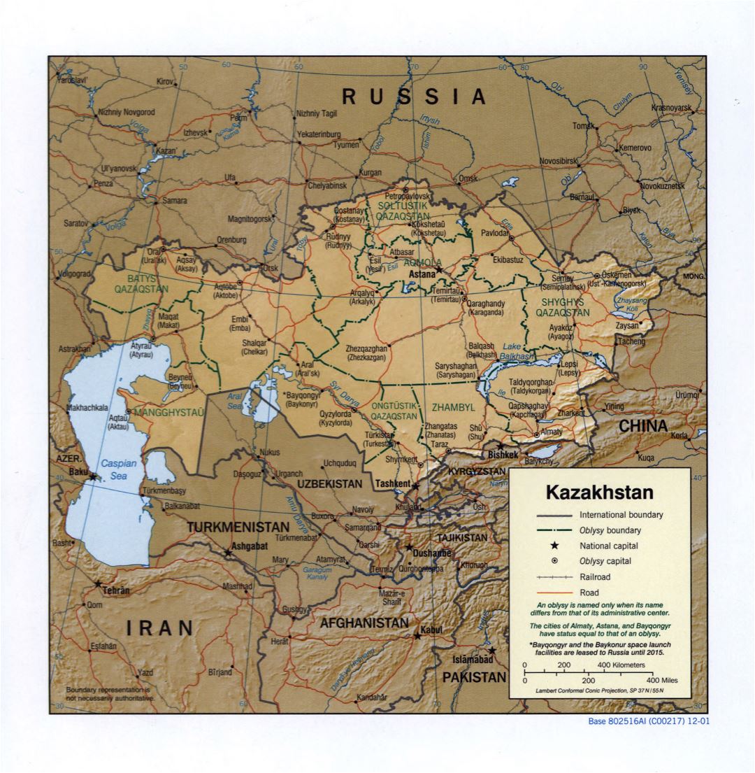 Large detailed political and administrative map of Kazakhstan with relief, roads, railroads and major cities - 2001