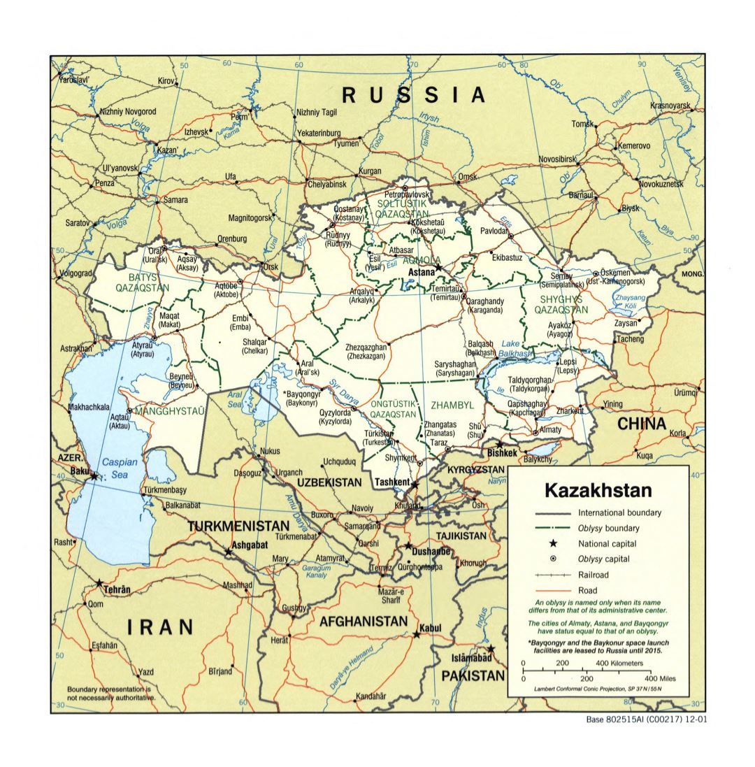Large detailed political and administrative map of Kazakhstan with roads, railroads and major cities - 2001
