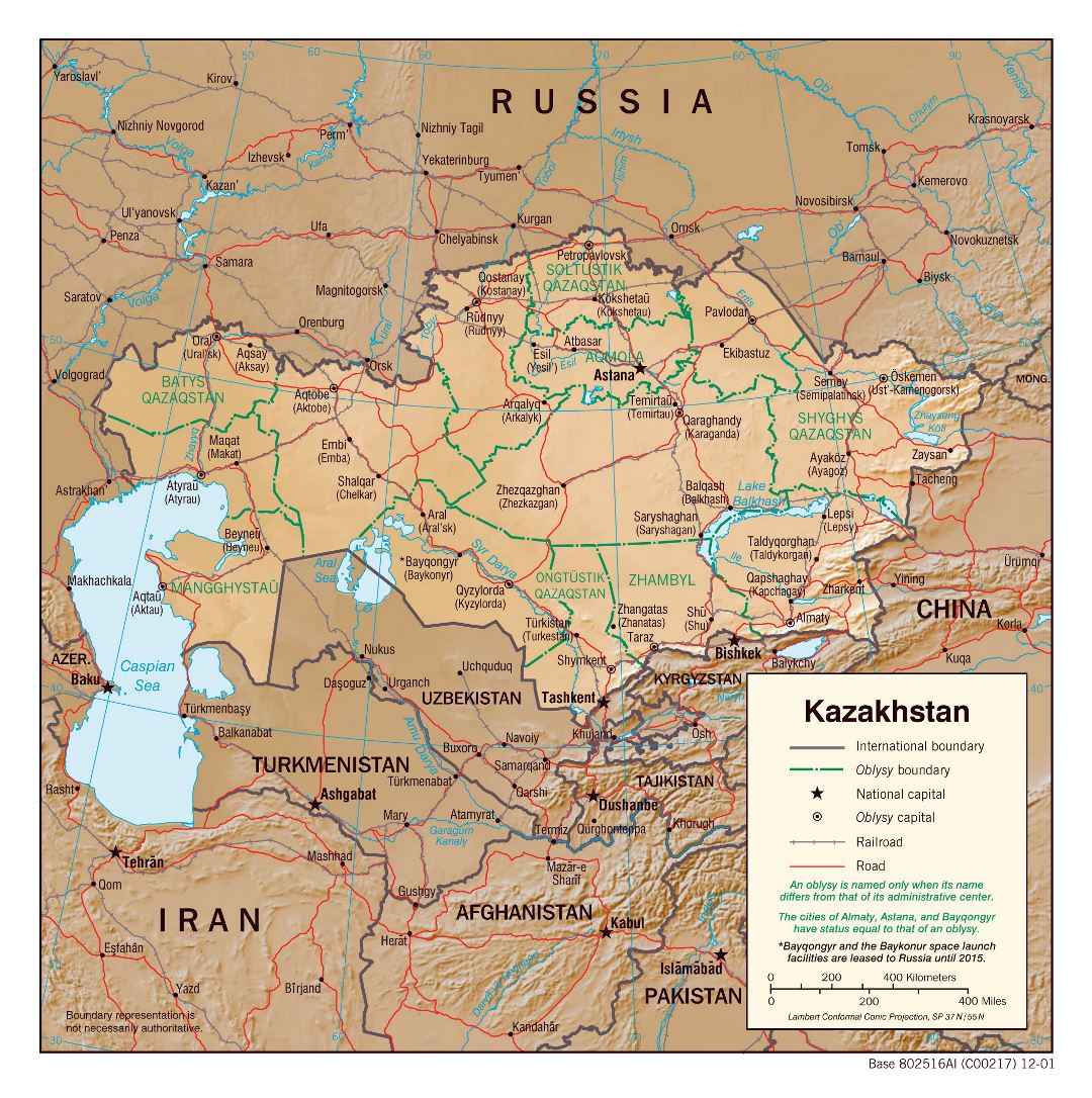 Large political and administrative map of Kazakhstan with relief, roads, railroads and major cities - 2001