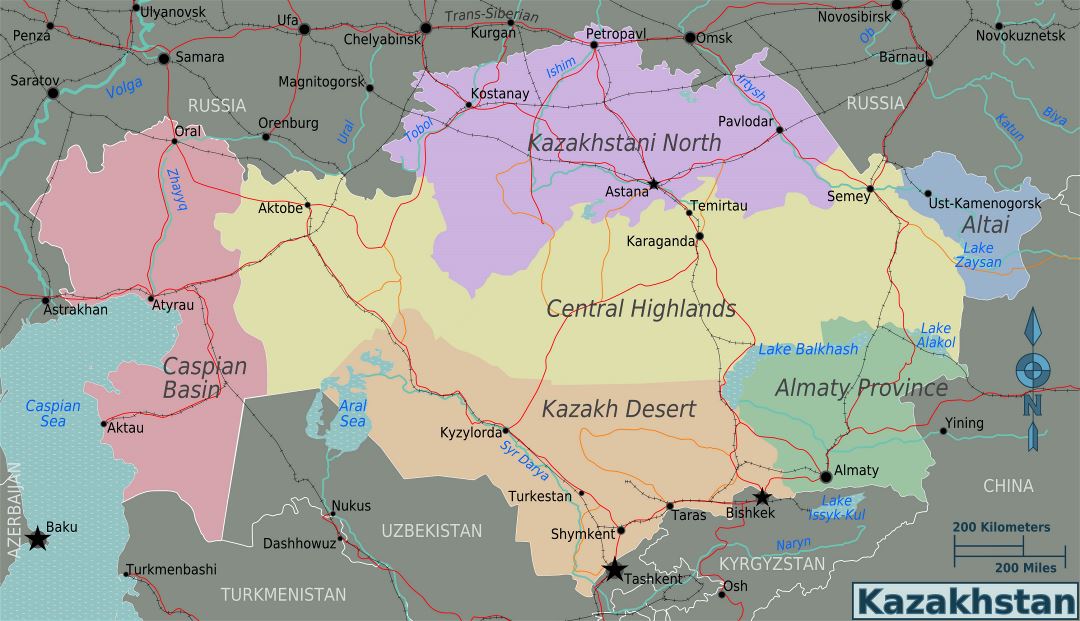 Large regions map of Kazakhstan