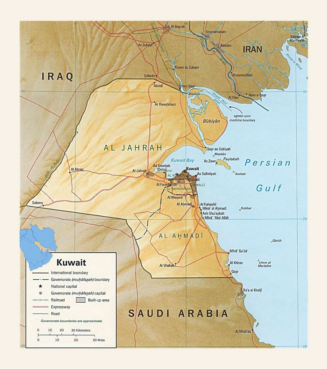 Detailed political and administrative map of Kuwait with relief