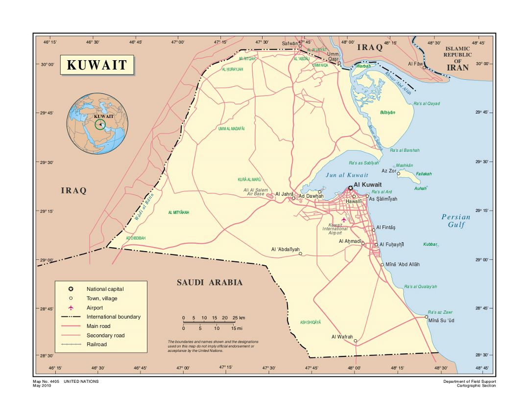 Detailed political map of Kuwait with roads, airports and cities