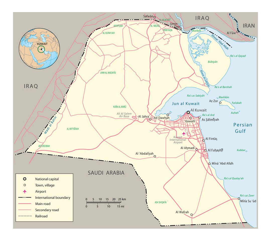 Detailed political map of Kuwait with roads and cities