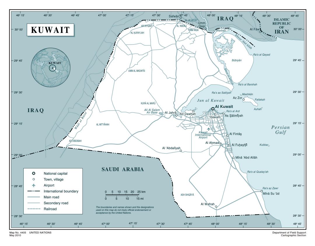 Large detailed political map of Kuwait with roads, airports and cities