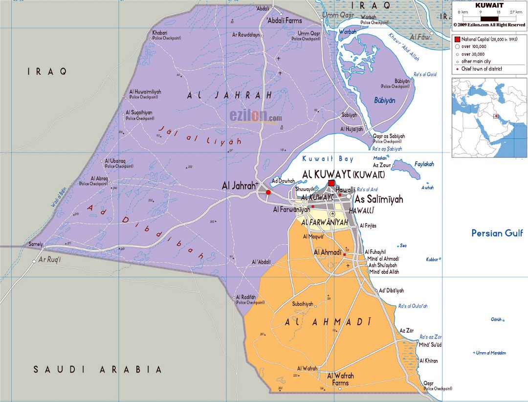 Large political and administrative map of Kuwait with roads, cities and airports