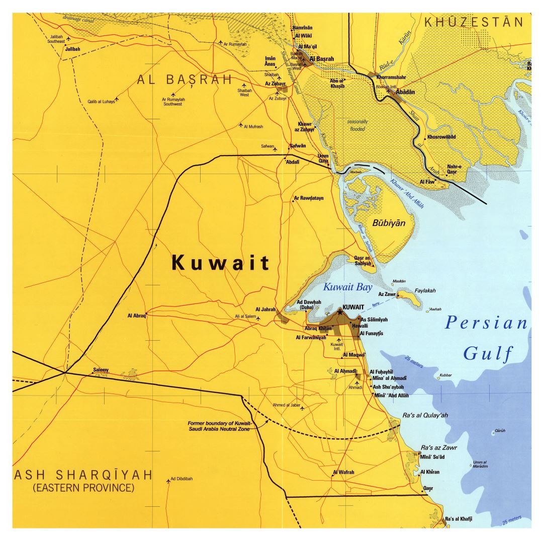 Large scale map of Kuwait with roads, cities and airports