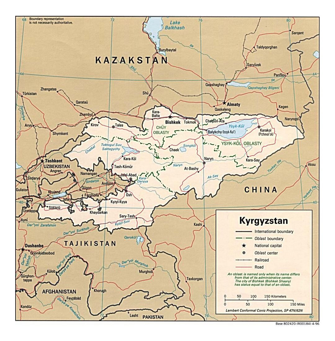 Detailed political and administrative map of Kyrgyzstan with roads, railroads and major cities - 1996