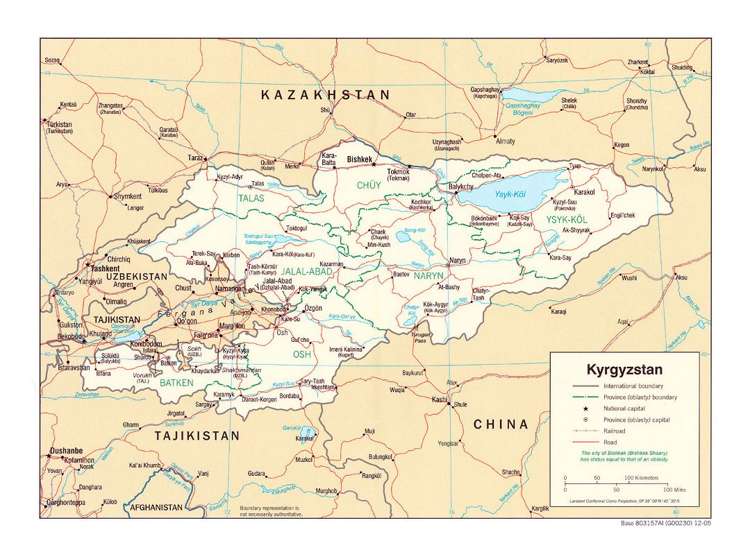 Detailed political and administrative map of Kyrgyzstan with roads, railroads and major cities - 2005