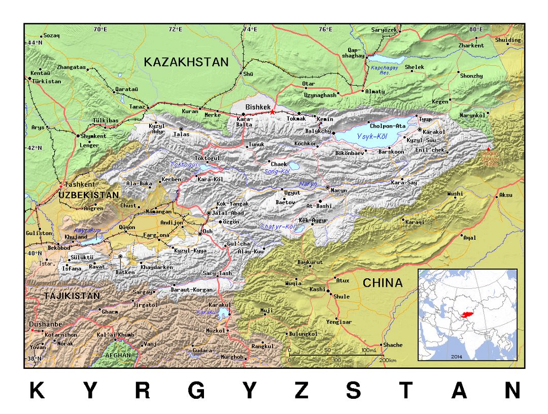 Detailed political map of Kyrgyzstan with relief