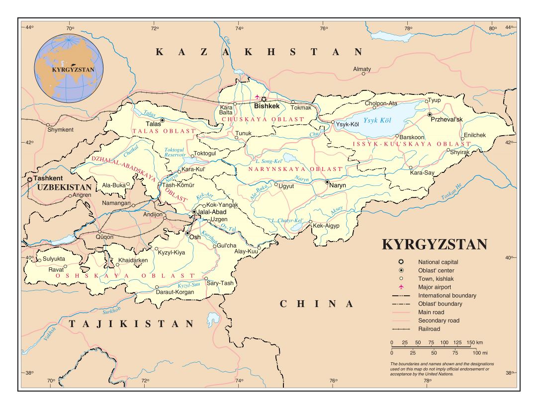 Large detailed political and administrative map of Kyrgyzstan with roads, railroads, cities and airports