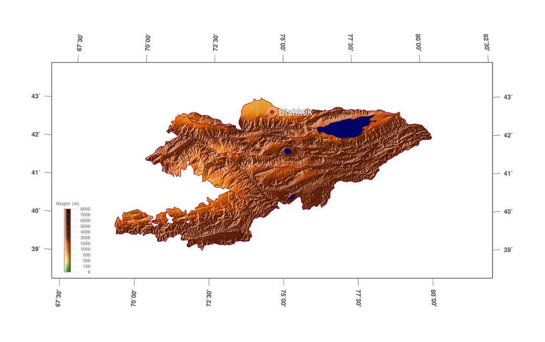 Large elevation map of Kyrgyzstan