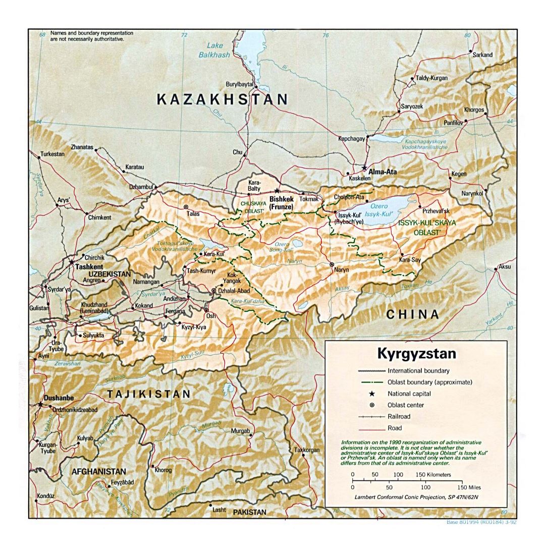 Large political and administrative map of Kyrgyzstan with relief, roads, railroads and major cities - 1992