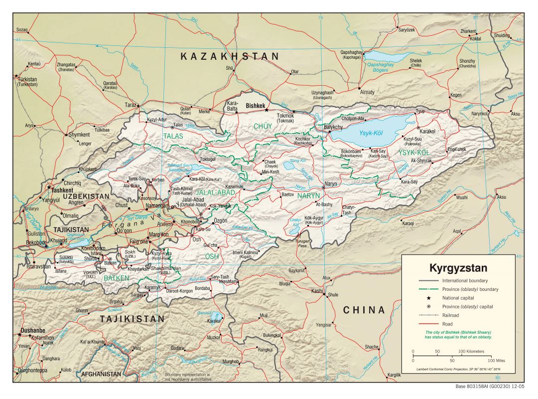 Large political and administrative map of Kyrgyzstan with relief, roads, railroads and major cities - 2005