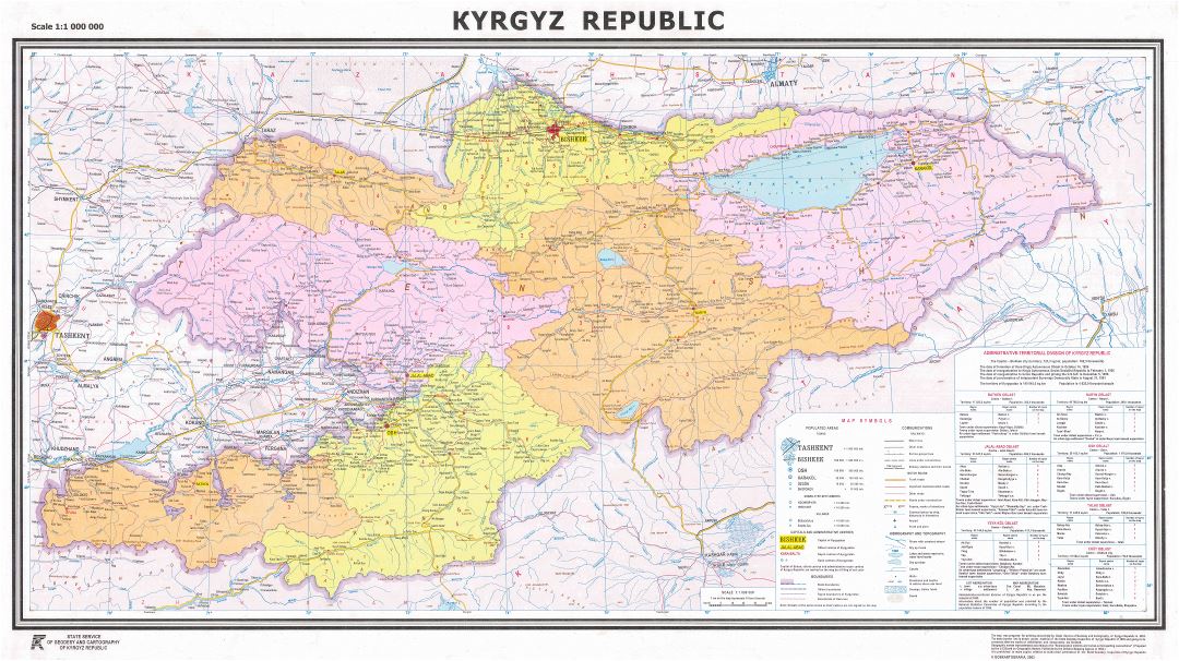 Large scale detailed political and administrative map of Kyrgyzstan with all marks