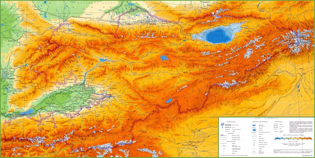Large scale physical map of Kyrgyzstan with other marks