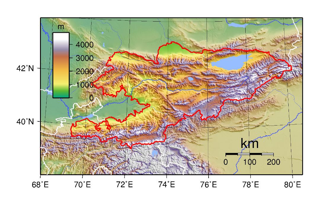 Large topographical map of Kyrgyzstan