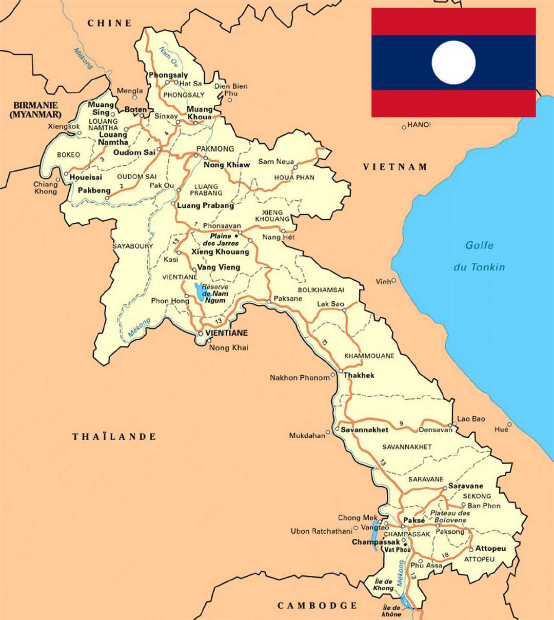 Detailed map of Laos with roads, cities and other marks