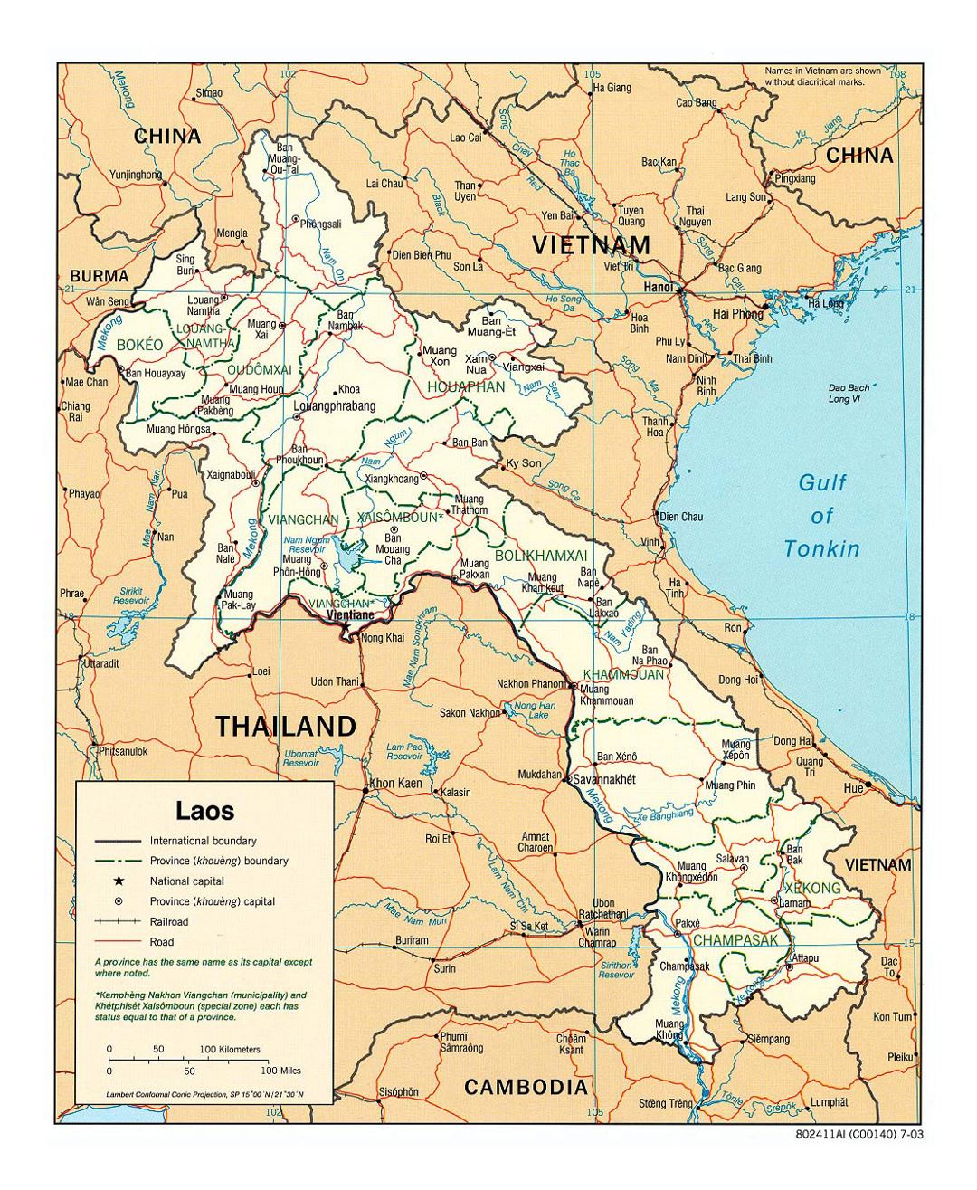 Detailed political and administrative map of Laos with roads, railroads and major cities - 2003