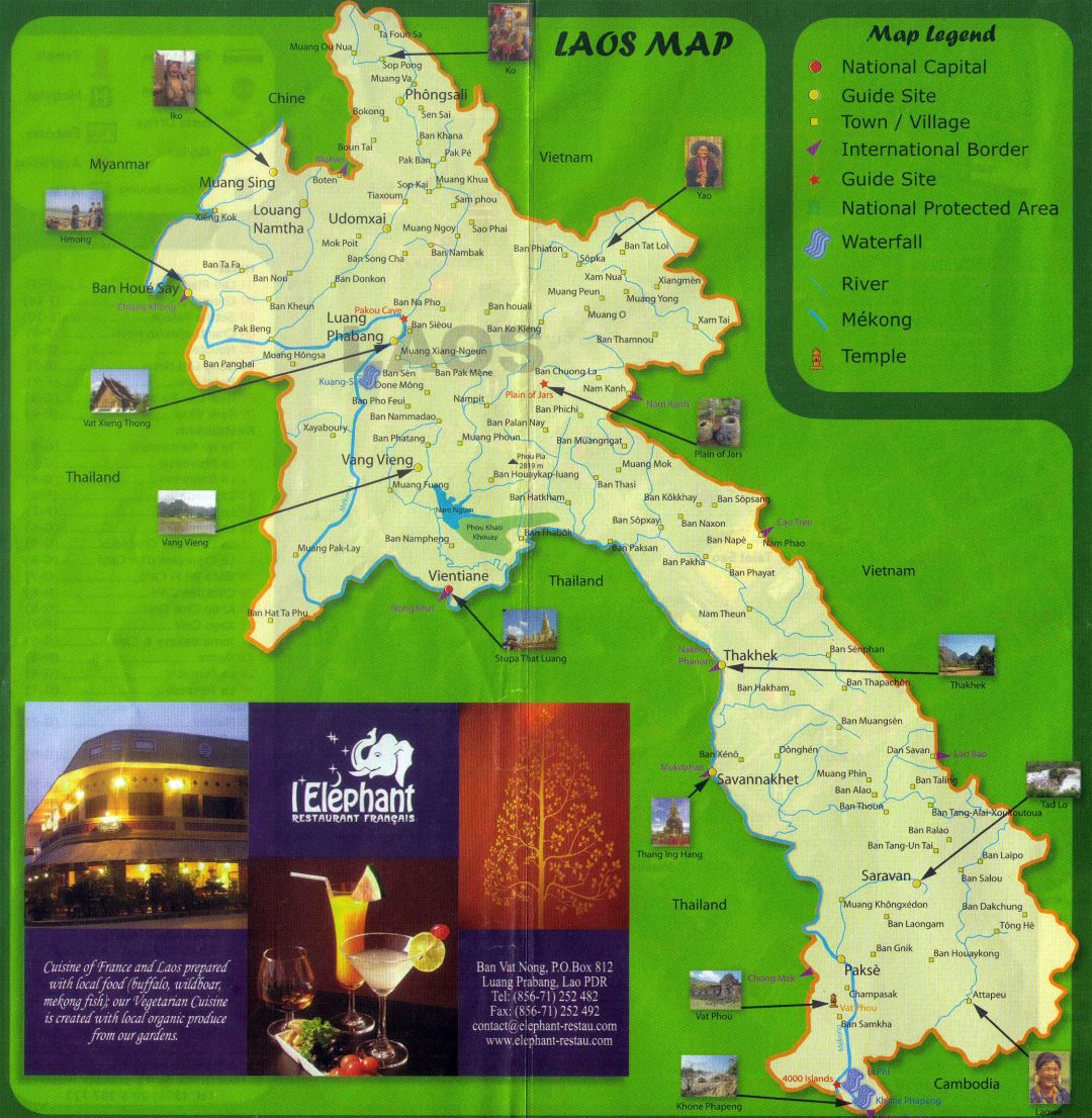 Large detailed tourist map of Laos