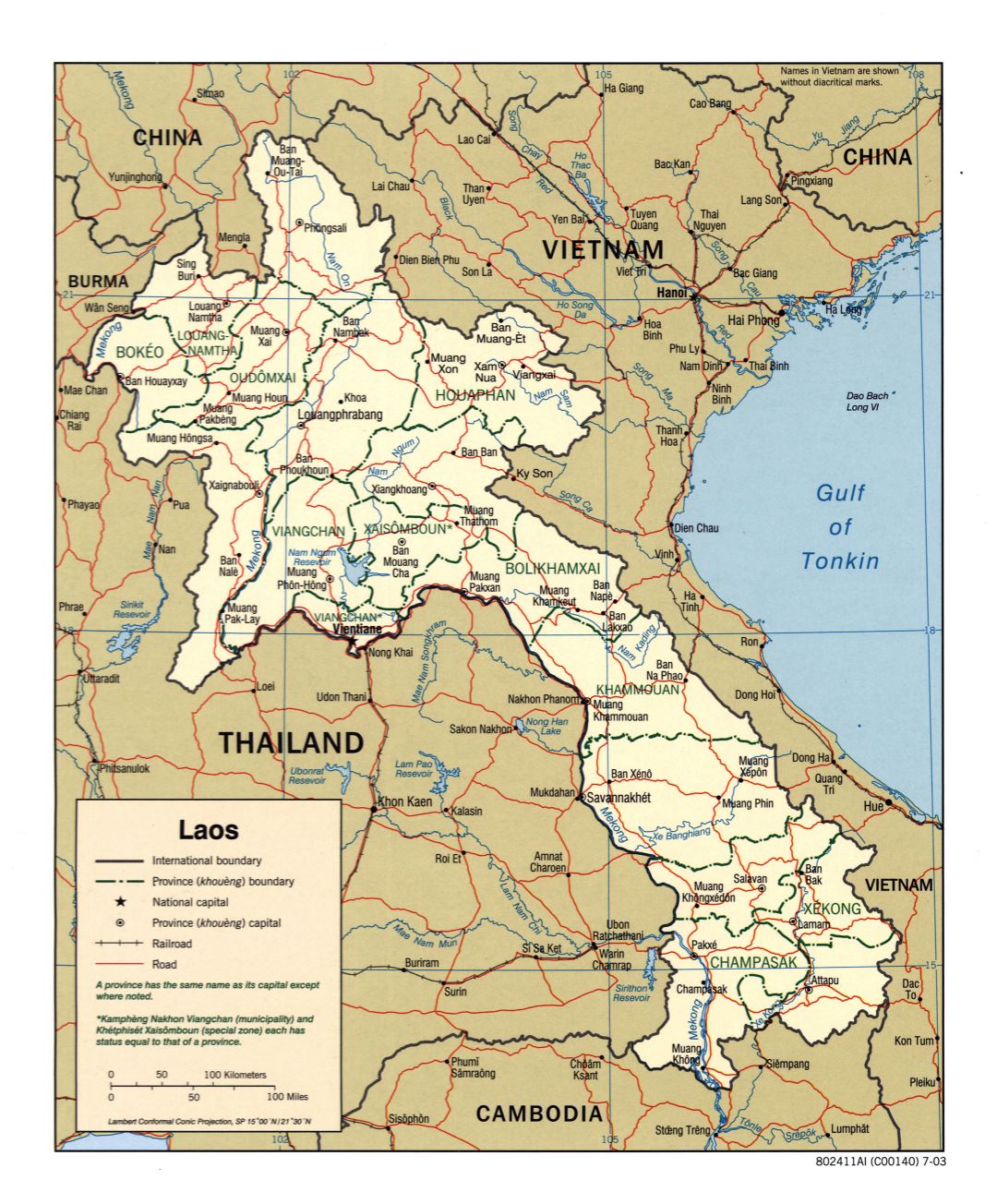 Large scale political and administrative map of Laos with roads, railroads and major cities - 2003