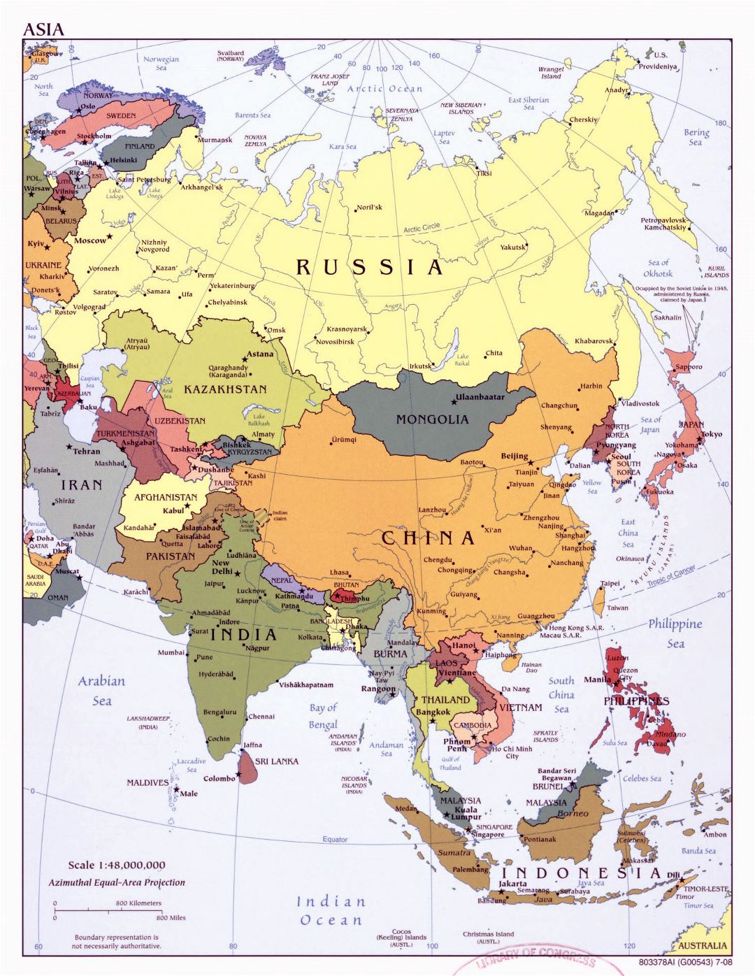 Large detailed political map of Asia with major cities and capitals - 2008