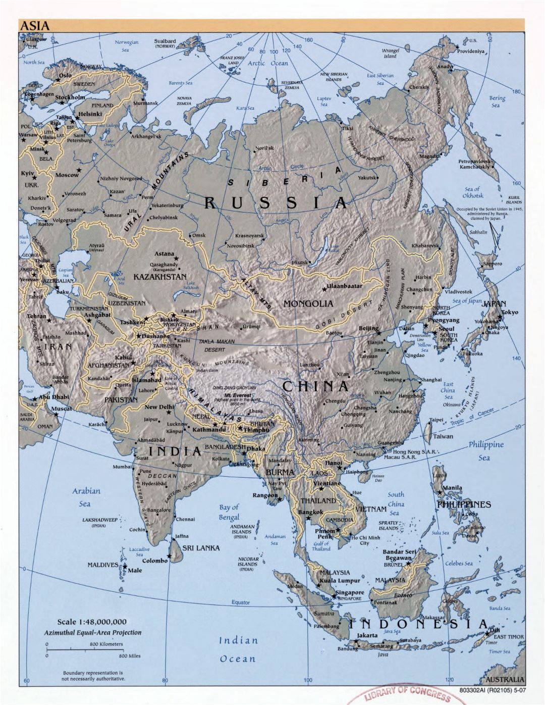 Large detailed political map of Asia with relief, major cities and capitals - 2007