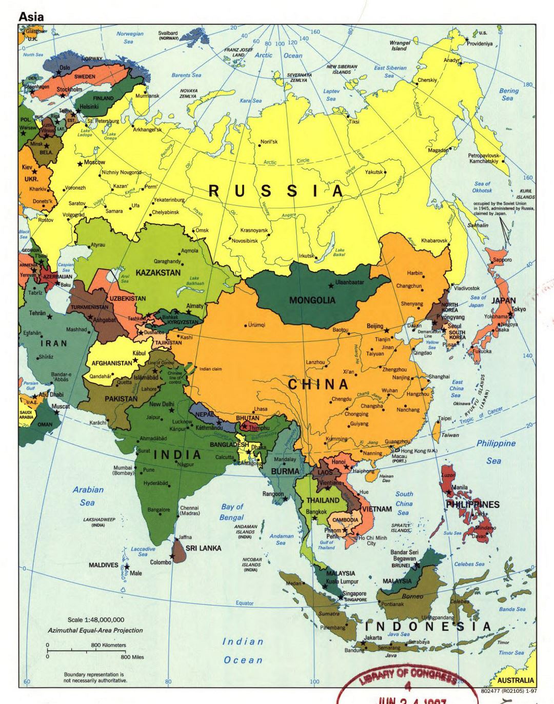 Large political map of Asia with major cities and capitals - 1997